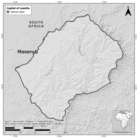 Black and white map of Lesotho highlighting Maseru as the capital, with neighboring countries.