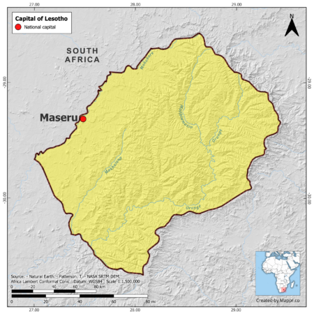 Map highlighting Maseru, the capital of Lesotho, with surrounding countries and geographical features, in color.