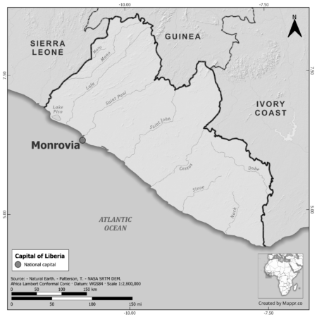 Black and white map of Liberia highlighting Monrovia as the capital, with neighboring countries.