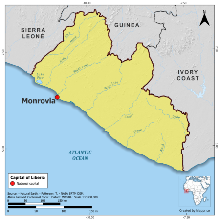 Map highlighting Monrovia, the capital of Liberia, with surrounding countries and geographical features, in color.
