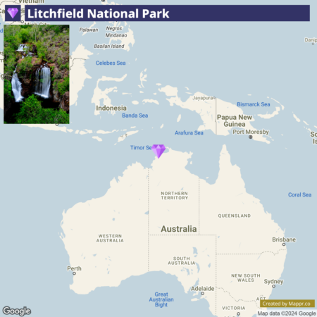 A map showing the geographical location of Litchfield National Park in the Northern Territory, Australia, with a pin indicating its position. The map also displays surrounding regions and bodies of water, including parts of Indonesia and Papua New Guinea. Inset in the upper left corner is a photo of a waterfall within Litchfield National Park.