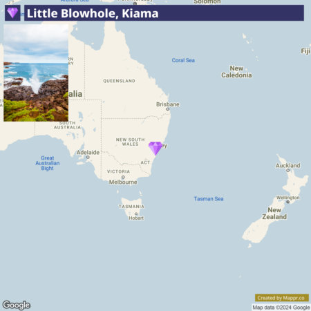 A map of southeastern Australia highlighting Little Blowhole in Kiama with an inset image showing a coastal scene with waves crashing against rocks.