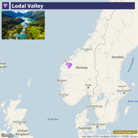 An image divided in two sections: the upper half shows an aerial photograph of the Lodal Valley with a river flowing through and surrounded by greenery and mountains; the lower half displays a map highlighting the location of Lodal Valley in Norway with nearby cities and countries for context.