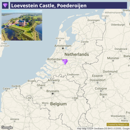 An aerial view of Loevestein Castle in Poederoijen, The Netherlands, with a geographical map highlighting its location.