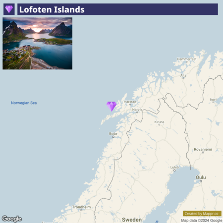 Aerial view of a coastal village among mountains in the Lofoten Islands, Norway, featured alongside a map with the location marked by a purple diamond-shaped icon.