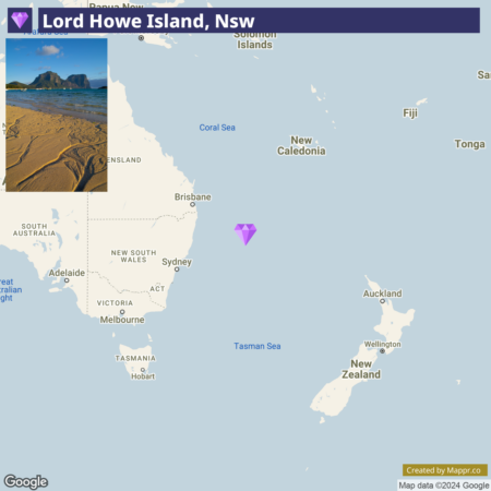 Map showing the location of Lord Howe Island, New South Wales, with an inset image of a beach on the island in the upper left corner. The map highlights the region east of the Australian mainland, with major cities labeled.