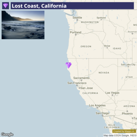 An image split into two sections; the upper half displays a scenic view of the Lost Coast in California with a coastline and waves, while the lower half shows a map highlighting the location of the Lost Coast with a purple pointer on the California map, surrounded by other states.