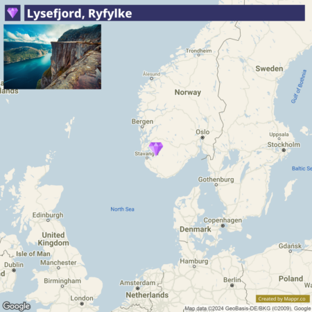 A map highlighting the location of Lysefjord, Ryfylke in Norway with a small inset image showing a scenic view of the fjord and cliffs.