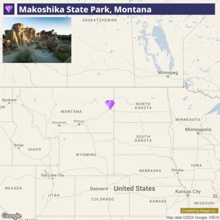 A map and a photograph displaying the location and a scenic view of Makoshika State Park in Montana. The map highlights the park's position in the state with a purple diamond symbol. The photograph in the upper left corner shows rock formations and terrain typical of the park at dusk.