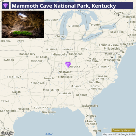 A map highlighting Mammoth Cave National Park in Kentucky with an inset photo of a cave entrance, situated in the North Central United States, with the park's logo above.