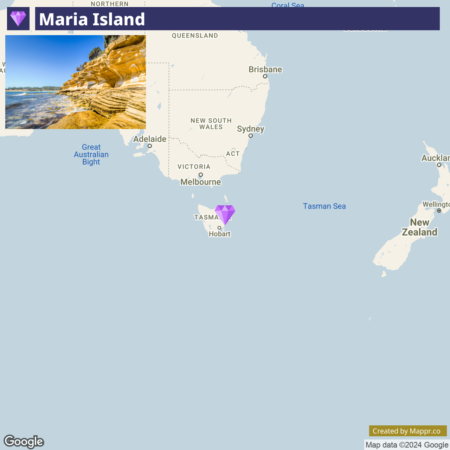 A map highlighting Maria Island near Tasmania, with a smaller inset image showing the layered rock formations on the coastline. Major nearby cities and bodies of water are labeled.