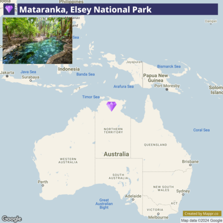 A map highlighting the location of Mataranka, Elsey National Park in the Northern Territory of Australia, with an inset photo showing a lush and tranquil natural thermal pool surrounded by verdant vegetation.