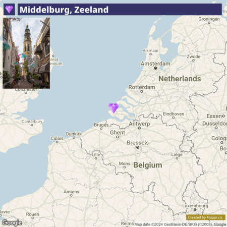 An inset image of a narrow street in Middelburg, Zeeland, topped by a map showing the location of Middelburg in the Netherlands, with surrounding countries and cities labeled for context.