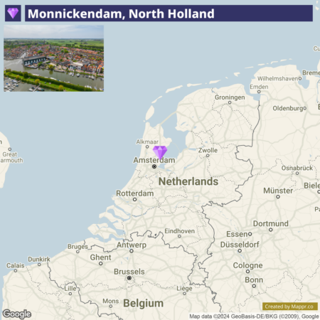 A map showing the location of Monnickendam in North Holland, Netherlands, marked with a purple pin, with an inset aerial view of the town at the top left corner.