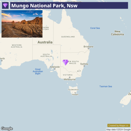 An image showing a map of Australia with a specific focus on New South Wales, highlighting the location of Mungo National Park, marked with a purple pointer. To the upper left of the map, there's a photo depicting the textured, eroded landscape of the park at sunset.