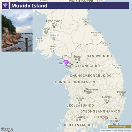 A split-image with the top half showing a scenic view of Muuido Island with trees, a rocky shore, and a wooden pathway leading to a pier under a partly cloudy sky, and the bottom half displaying a map of Korea highlighting the location of Muuido Island near Incheon, to the west of Seoul.