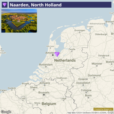 An image displaying a map of part of Western Europe focusing on the Netherlands, with a purple location marker indicating Naarden in North Holland, and an inset aerial photo of Naarden showing a star-shaped fortification surrounded by water and greenery. There are labels for Amsterdam and other cities, as well as neighboring countries such as Belgium and Germany. The image includes map attribution to Google and Mappr.co.