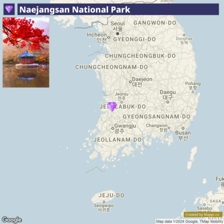 A map highlighting Naejangsan National Park in South Korea, with an overlaid image of a traditional Korean pavilion amidst vibrant autumn foliage.