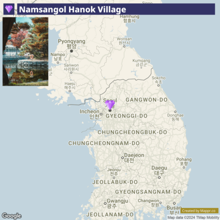 A map showing the location of Namsangol Hanok Village with a map marker over Seoul in South Korea, inset with a photo of traditional Korean architecture and autumn foliage.