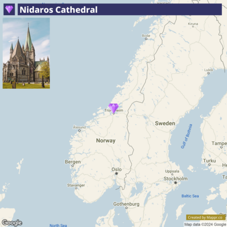 Alt text: A map highlighting the location of Nidaros Cathedral in Trondheim, Norway, with a small inset image of the cathedral in the upper left corner.