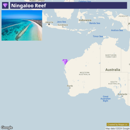 A map showing the location of Ningaloo Reef off the coast of Western Australia, with an inset aerial image of the reef on the top left, and a map key indicating Ningaloo Reef with a purple diamond marker on the main map.