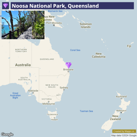 Map showing the location of Noosa National Park in Queensland, Australia, with a marker indicating its proximity to Brisbane, set against a context of Australia and surrounding ocean and countries.