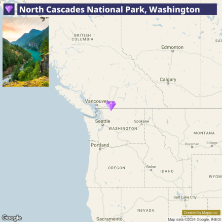 Map showing the location of North Cascades National Park in Washington with nearby cities and states labeled, and an inset photo of a scenic view from the park.