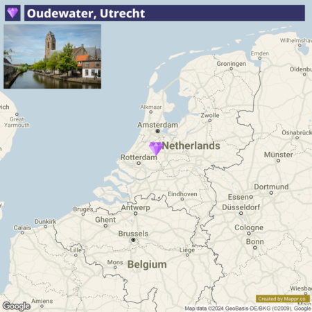 A map showing the location of Oudewater, Utrecht in the Netherlands, with an inset picture of a canal and historic buildings in Oudewater.