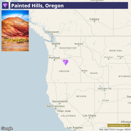 Alt text: A map showing the location of Painted Hills, Oregon, with an inset photo of stratified red and beige hills against a blue sky. The map highlights the northwestern United States with Oregon at the center and a purple diamond marking the Painted Hills' location.