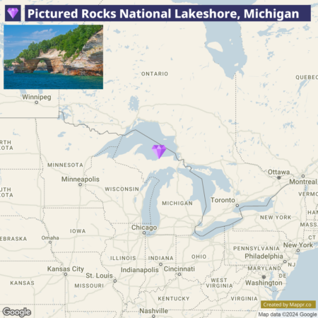 Map highlighting Pictured Rocks National Lakeshore in Michigan with an inset photo of the rocky shoreline with an arch formation over water.