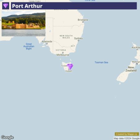 Map showing the location of Port Arthur in Tasmania, Australia, with a purple marker indicating its position south-east of Hobart.