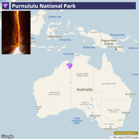 A map highlighting the location of Purnululu National Park with a purple pin in the Kimberley region of Western Australia. There's a small inset image of a narrow canyon with sunlight illuminating the orange rock walls within the park.