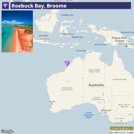 A map with an inset photograph showing Roebuck Bay, Broome, on the northwestern coast of Australia with a purple diamond marker indicating its location. The map displays surrounding regions and bodies of water including the Indian Ocean, Timor Sea, and parts of Indonesia. Major cities like Perth and Melbourne are also marked.