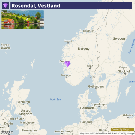 A map showing the location of Rosendal in Vestland, Norway with a purple pin indicating its position, and a small photo inset at the top left corner showcasing the scenic beauty of Rosendal with red houses by the water.