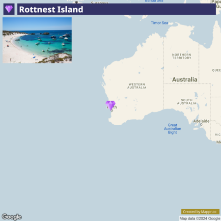 A map featuring the location of Rottnest Island off the coast of Western Australia, with a small image inset showing a beach with clear blue water and boats.