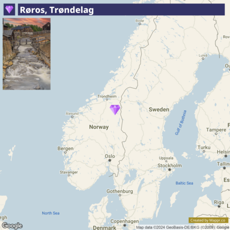 A map highlighting the location of Røros in Trøndelag, Norway, with a purple marker, above a small inset picture of a rustic wooden bridge over a flowing river in Røros.