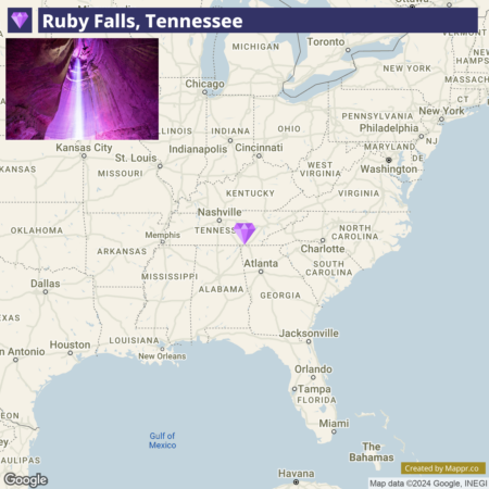 A map highlighting Ruby Falls, Tennessee, with a small image of the illuminated falls in the corner.