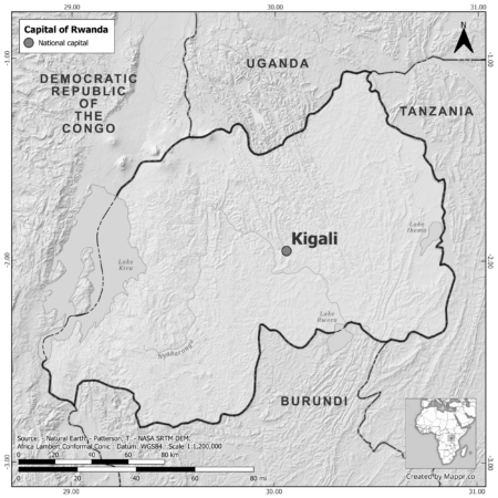 Black and white map of Rwanda highlighting Kigali as the capital, with neighboring countries.