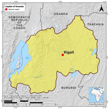 Map highlighting Kigali, the capital of Rwanda, with surrounding countries and geographical features, in color.