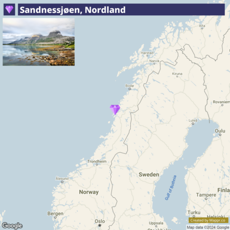 A map highlighting the location of Sandnessjøen, Nordland, with a geographical pin along the coast of Norway, accompanied by an inset landscape image of the region showing mountains and a shoreline.