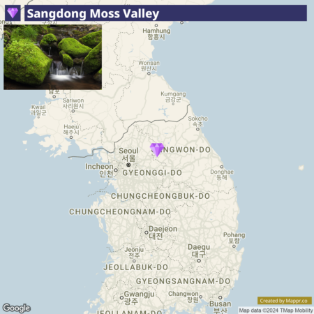 A map display showing the location of Sangdong Moss Valley with a corresponding diamond-shaped marker in the Gangwon-do region of South Korea, combined with an inset photo of a lush moss-covered scene with a small waterfall.