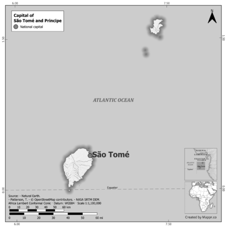 Black and white map of Sao Tome And Principe highlighting São Tomé as the capital, with neighboring countries.