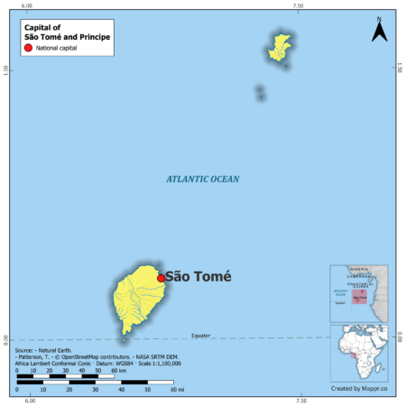 Map highlighting São Tomé, the capital of Sao Tome And Principe, with surrounding countries and geographical features, in color.