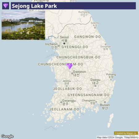 A map showing the location of Sejong Lake Park in South Korea, highlighted with a purple marker. The map also displays various South Korean provinces such as Chungcheongnam-do, where the marker is placed, as well as nearby cities like Daejeon, and other provinces including Gyeonggi-do, Gangwon-do, and Jeollabuk-do. The inset in the top-left corner shows a scenic view of the lake and surrounding greenery in Sejong Lake Park.