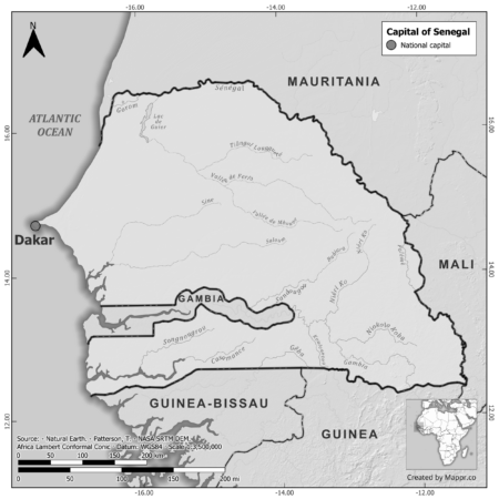 Black and white map of Senegal highlighting Dakar as the capital, with neighboring countries.