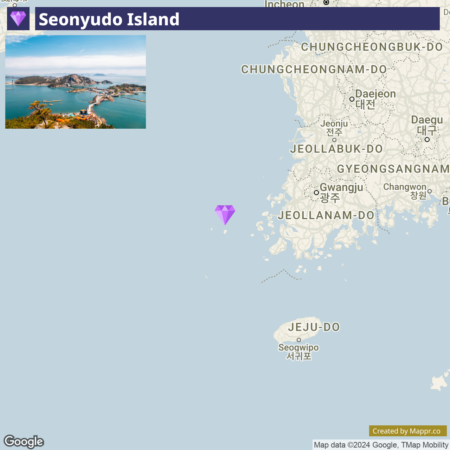 A map showing the location of Seonyudo Island in South Korea with an inset aerial photo of the island at the top left corner.