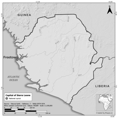 Black and white map of Sierra Leone highlighting Freetown as the capital, with neighboring countries.