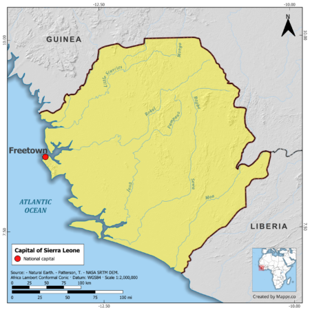 Map highlighting Freetown, the capital of Sierra Leone, with surrounding countries and geographical features, in color.