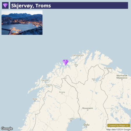 An annotated map showing Skjervøy in Troms, Norway, with surrounding towns and borders, overlaying a photograph of a coastal area at dusk.