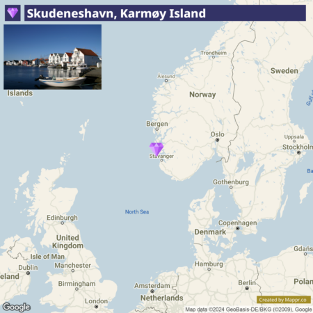 A map showing Skudeneshavn on Karmøy Island in Norway with a marker indicating its location, surrounded by the North Sea, with nearby cities and countries for context.